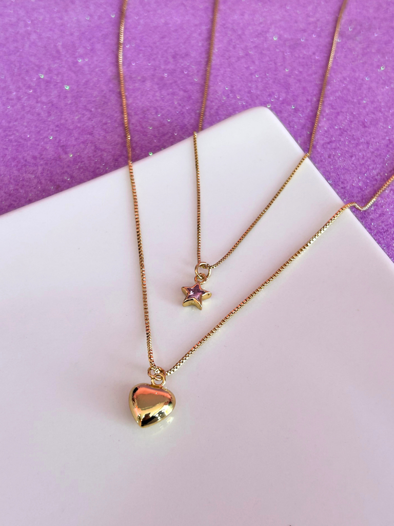Collar corazón y estrella cirón rosado